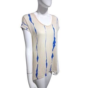 LYSSÉ New York Women's Oversized XS Paint Striped Linen Crew Quiet Luxury Top‎